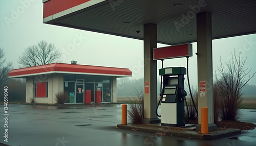 A foggy scene of a gas station with a fuel pump and a closed store, evoking a sense of stillness and solitude. recession economy oil concept.