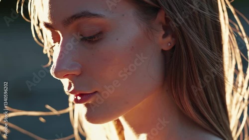Wallpaper Mural Serene contemplation as golden hour light bathes tranquil profile. 4k stock footage Torontodigital.ca