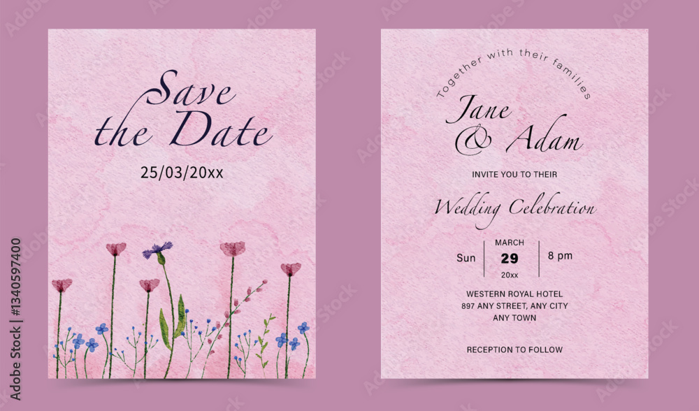 Fototapeta premium Watercolor a soft pink textured background with pink and purple spring flowers Wedding Invitation Set Template