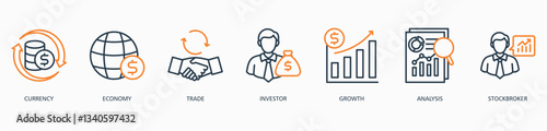Forex banner web icon vector illustration concept with icon of currency, economy, trade, investor, growth, analysis and stockbroker 
 