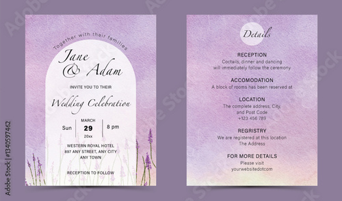 Watercolor soft purple textured background with purple flowers field Wedding Invitation Set Template