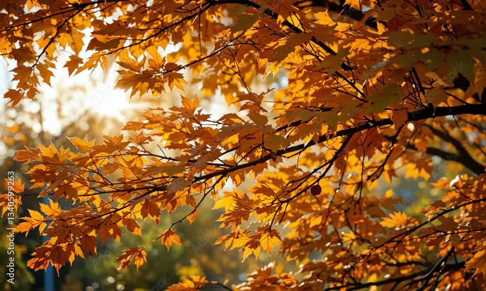 Golden autumn leaves illuminated by warm sunlight. 