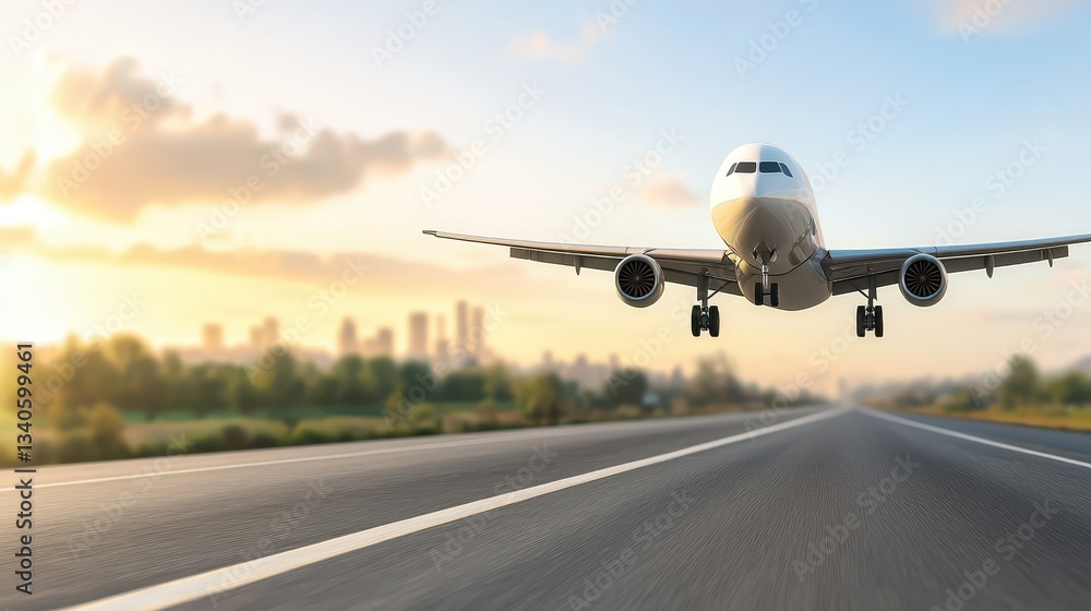 Obraz premium Airplane taking off, dramatic departure from airport runway into the daytime sky