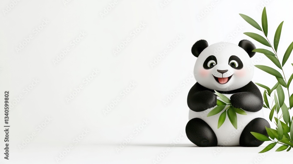 Naklejka premium Adorable 3D Render of a Happy Panda Bear Enjoying Bamboo Shoots Against a Clean White Background