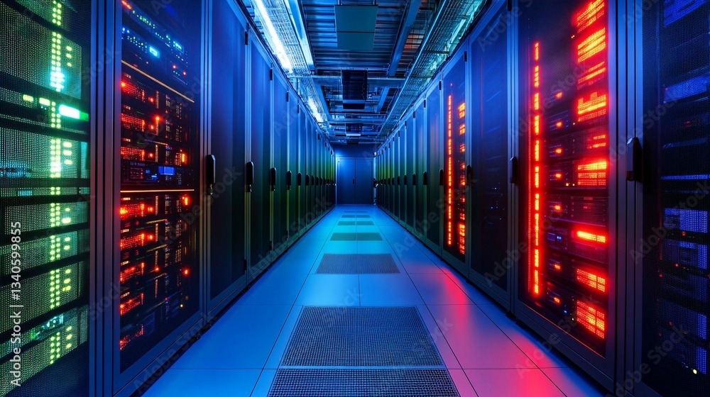Obraz premium A long hallway filled with servers emitting colorful vibrant lights