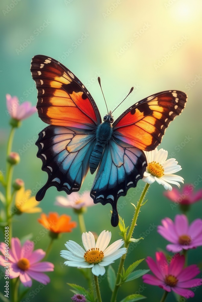 Vibrant butterfly with iridescent wings delicately perched on a cluster of blooming wildflowers in a sun-drenched meadow Vibrant butterfly with iridescent wings delicately perched on a cluster of blooming wildflowers in a sun-drenched meadow