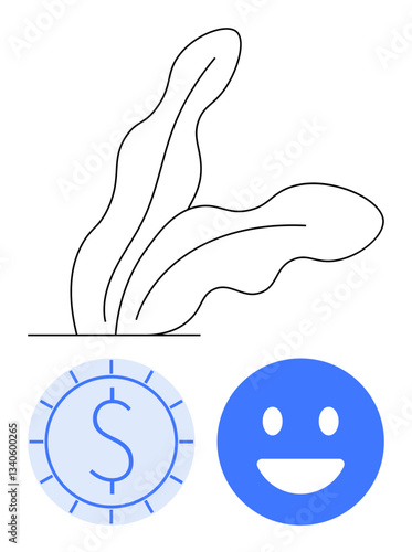 Simplistic leaf illustration paired with a coin featuring a dollar sign and a smiling face. Ideal for sustainability, finance, happiness, growth, eco-friendly concepts, positivity, renewal. Flat