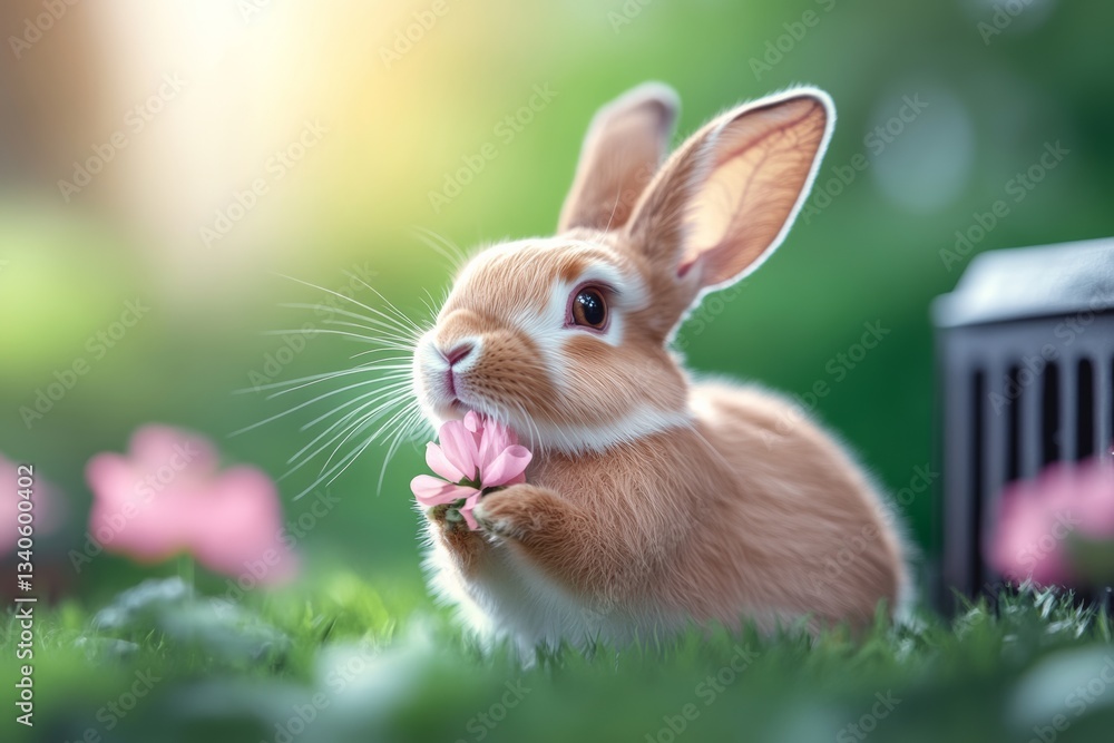 Fototapeta premium Rabbit is holding a flower in its mouth. The rabbit is sitting in a grassy area with pink flowers nearby. Concept of innocence and playfulness, as the rabbit is simply enjoying the flower