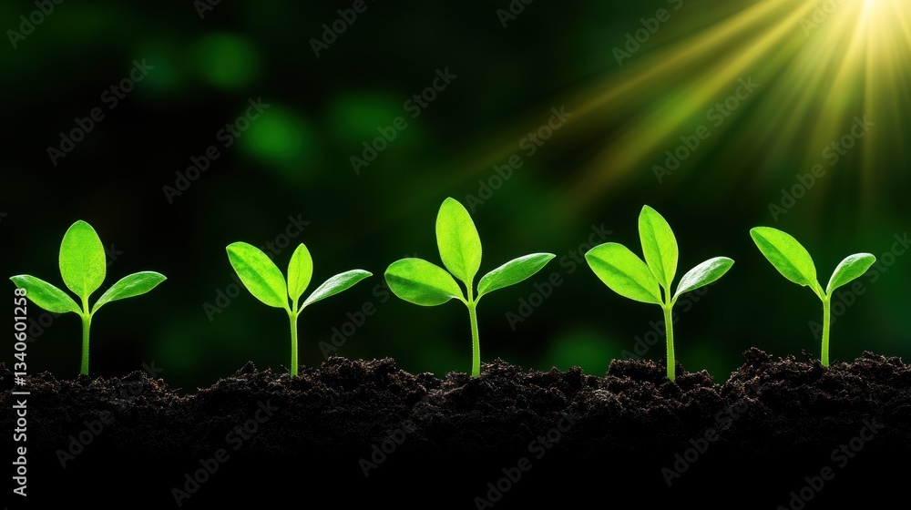 Naklejka premium Growth, Nature's Progression: Seedlings Emerging in Sunlight
