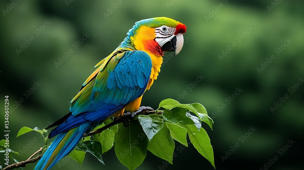 Fototapeta premium Vibrant Macaw Parrot Perched on Branch in Lush Green Foliage