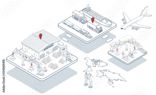 Smart global logistics network integrating multimodal transportation services air, road, and maritime with IoT technology to enable efficient worldwide cargo delivery and instant order fulfillment.