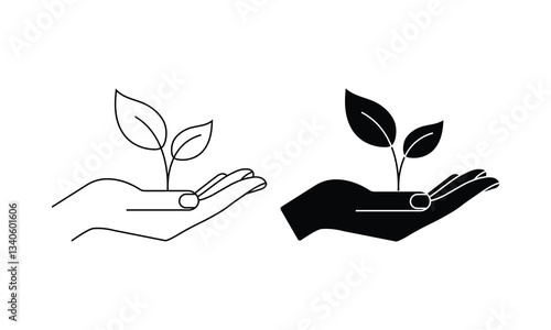 Hand holding a growing plant, symbolizing care, environment, and sustainability vector set