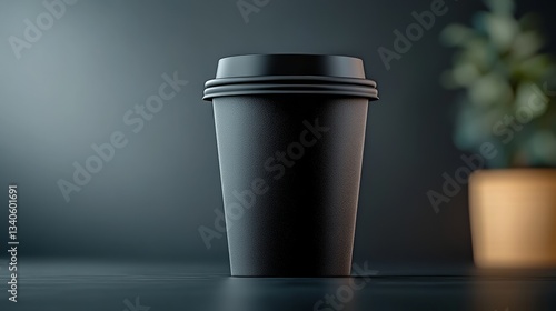 Black coffee cup with a lid sits on a table. The cup is empty and has a black lid. The table is dark and the cup is the only object visible
