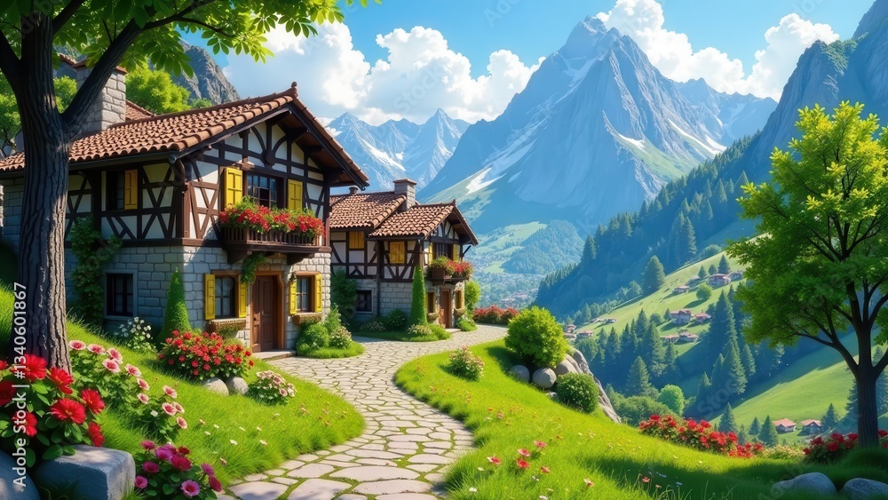 Stone houses nestled in vibrant alpine meadow with winding stone pathway leading towards majestic mountains Stone houses nestled in vibrant alpine meadow with winding stone pathway leading towards majestic mountains