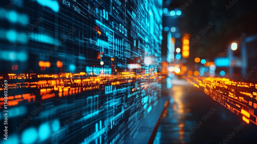 Fototapeta premium Glowing abstract digital data grid and city lights at night