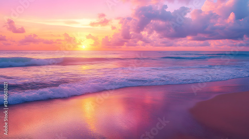 Wallpaper Mural Illustration of a pink sunset over calm ocean waves on an exotic beach, creating a beautiful natural scenery. Torontodigital.ca