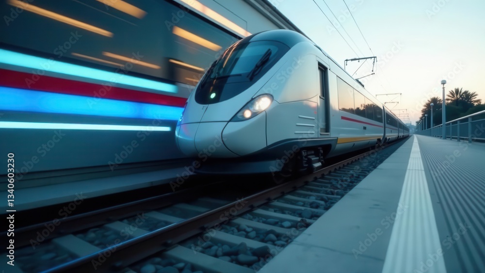 Naklejka premium High-speed train arriving at a modern station platform at dawn, illuminated by dynamic lighting streaks from a passing train