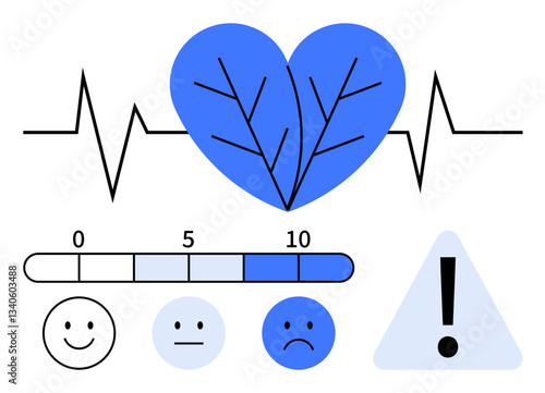 Heartbeat line with blue heart, pain scale 0-10, three faces for emotional states, warning sign. Ideal for healthcare, diagnosis, mental health, wellbeing, risk patient assessment flat simple
