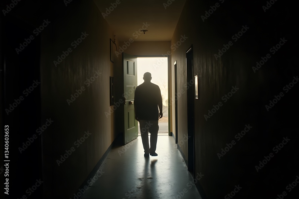 A former detainee walking through a dark hallway toward an open door with sunlight pouring in. A former detainee walking through a dark hallway toward an open door with sunlight pouring in.