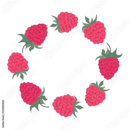 Circle of fresh raspberries arranged on a clean white background showcasing their vibrant color and natural texture