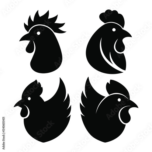 Hen head icons of silhouette black shape vector illustration