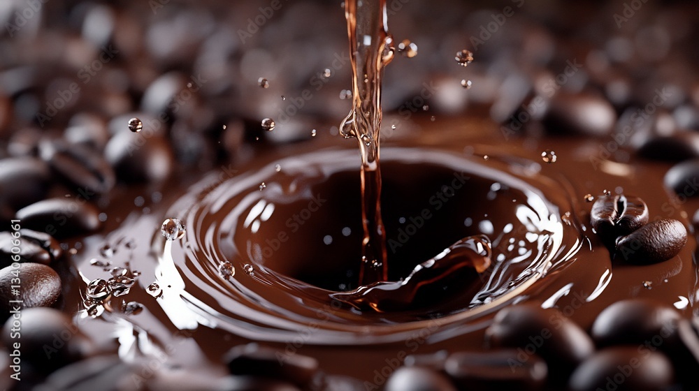 Liquid chocolate splashing into a pool surrounded by coffee beans. Liquid chocolate splashing into a pool surrounded by coffee beans.