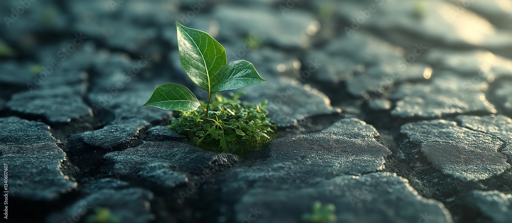 A Sprout Breaking Through An Asphalt Surface. Illustration On The Theme Of Ecology And Climate, Plants And The Surrounding World. A Sprout Breaking Through An Asphalt Surface. Illustration On The Theme Of Ecology And Climate, Plants And The Surrounding World.