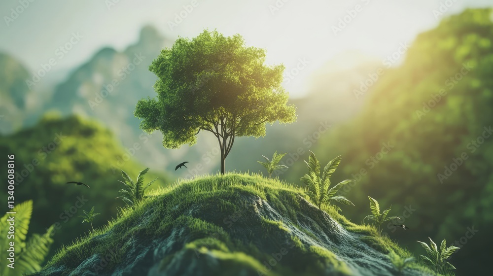 Fototapeta premium Earth Day eco concept with tropical forest background, natural forestation preservation scene with canopy tree in the wild.