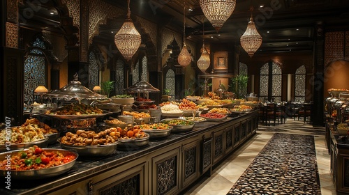 An upscale buffet restaurant with an elegant spread of international dishes, silver platters, and ornate decor 