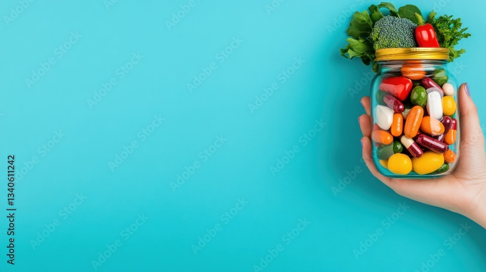 Colorful Vitamins and Vegetables in a Jar: A Healthy Lifestyle Concept Colorful Vitamins and Vegetables in a Jar: A Healthy Lifestyle Concept