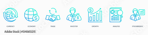 Forex banner web icon vector illustration concept with icon of currency, economy, trade, investor, growth, analysis and stockbroker 
 