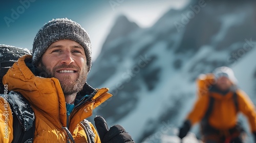 Man wearing a yellow jacket and a hat is smiling at the camera. He is standing on a snowy mountain and he is enjoying the view