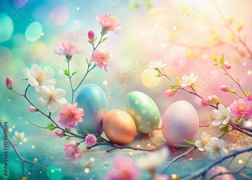 Pastel Easter Eggs & Flowers Double Exposure: Spring Festive Background