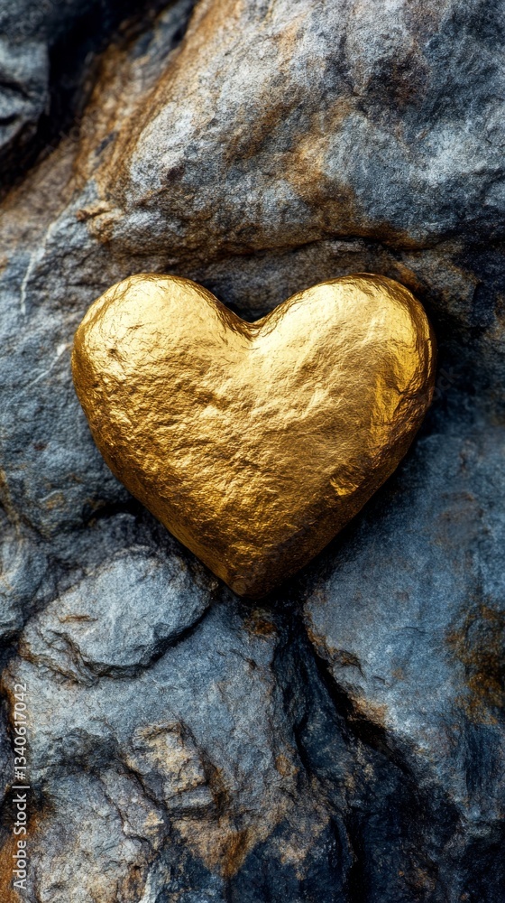 Obraz premium Golden heart-shaped stone on rugged rock background, symbol of love and strength