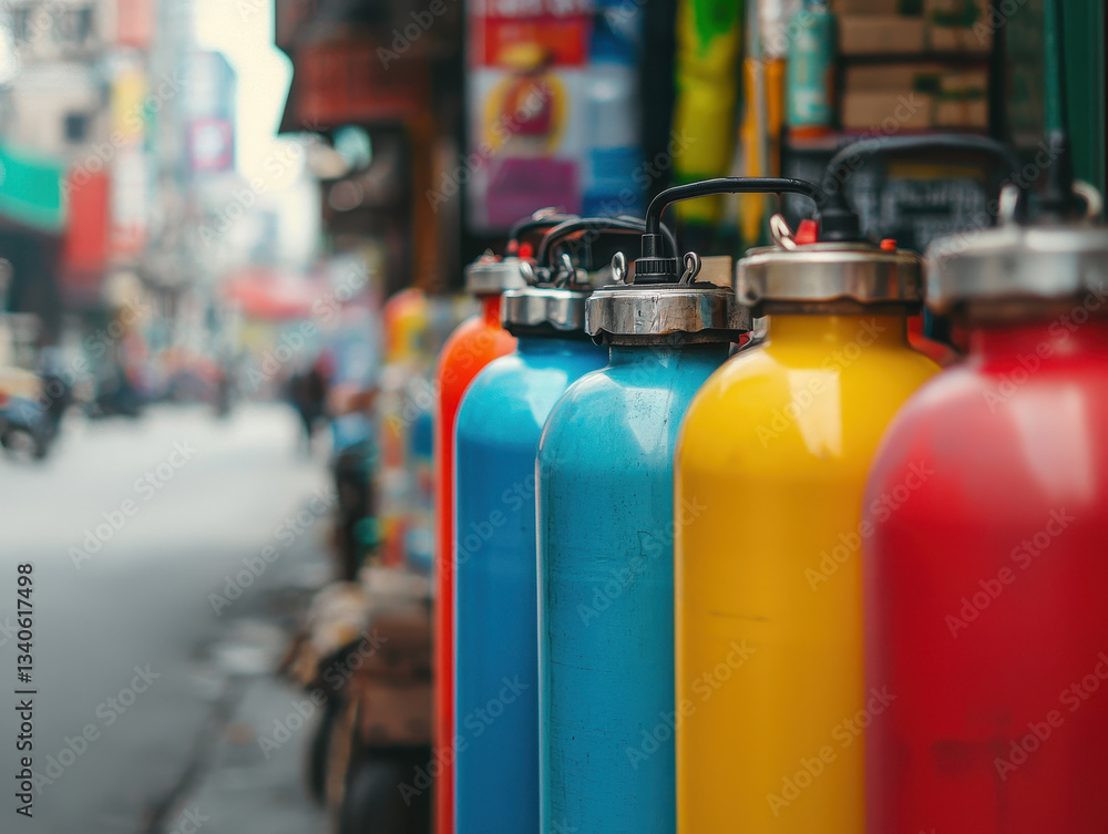 Colorful oxygen tanks lined up on busy street evoke vibrant urban scene Colorful oxygen tanks lined up on busy street evoke vibrant urban scene
