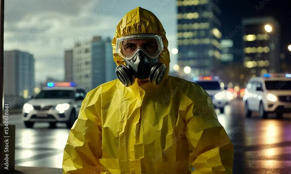 A person in a yellow protective suit and gas mask stands in an urban environment, indicating a response to a hazardous situation or contamination.mp4 A person in a yellow protective suit and gas mask stands in an urban environment, indicating a response to a hazardous situation or contamination.mp4