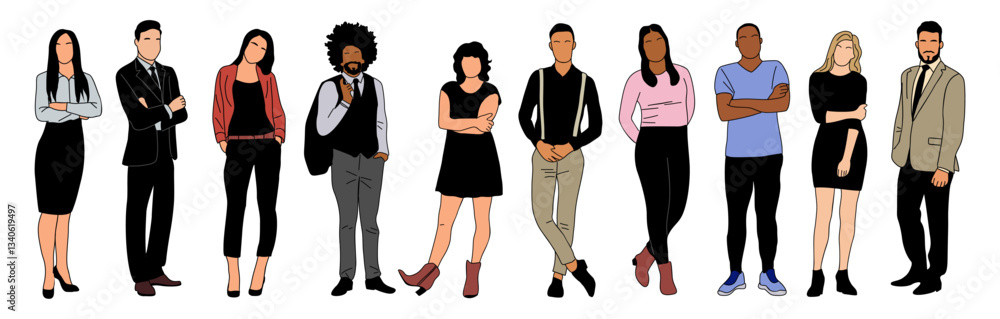 Diverse Business people, men, women standing in casual and formal clothes. Outline colored hand drawn vector illusatrtion isolated on transparent background Diverse Business people, men, women standing in casual and formal clothes. Outline colored hand drawn vector illusatrtion isolated on transparent background