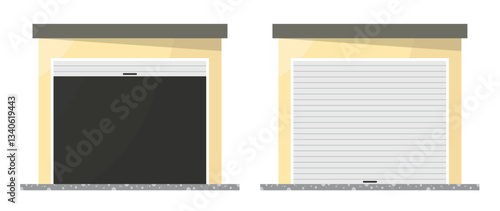 Two garages with sliding door icons on white background. Open and closed garage. Car storage garage.