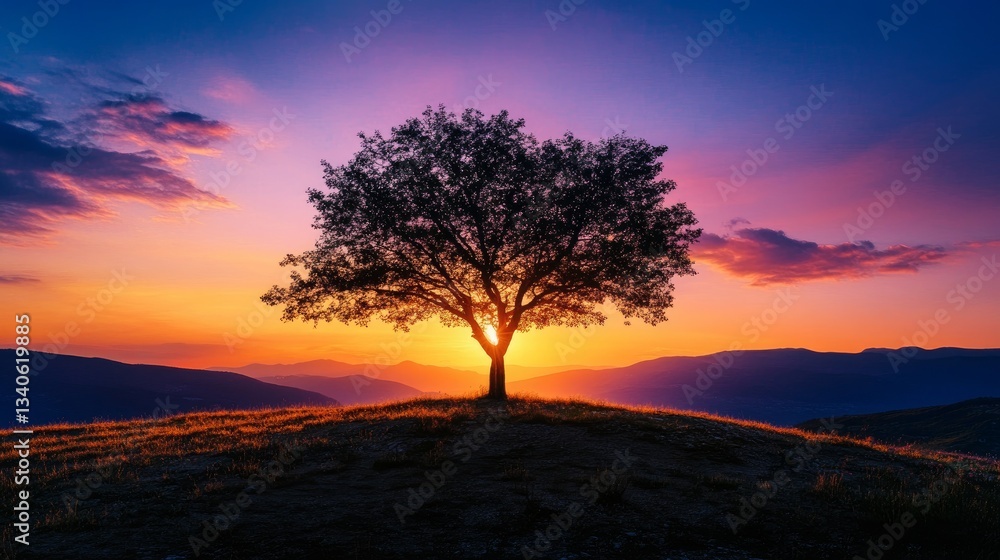 Serene Autumn Evening with a Large Tree Against a Vibrant Sunset Serene Autumn Evening with a Large Tree Against a Vibrant Sunset