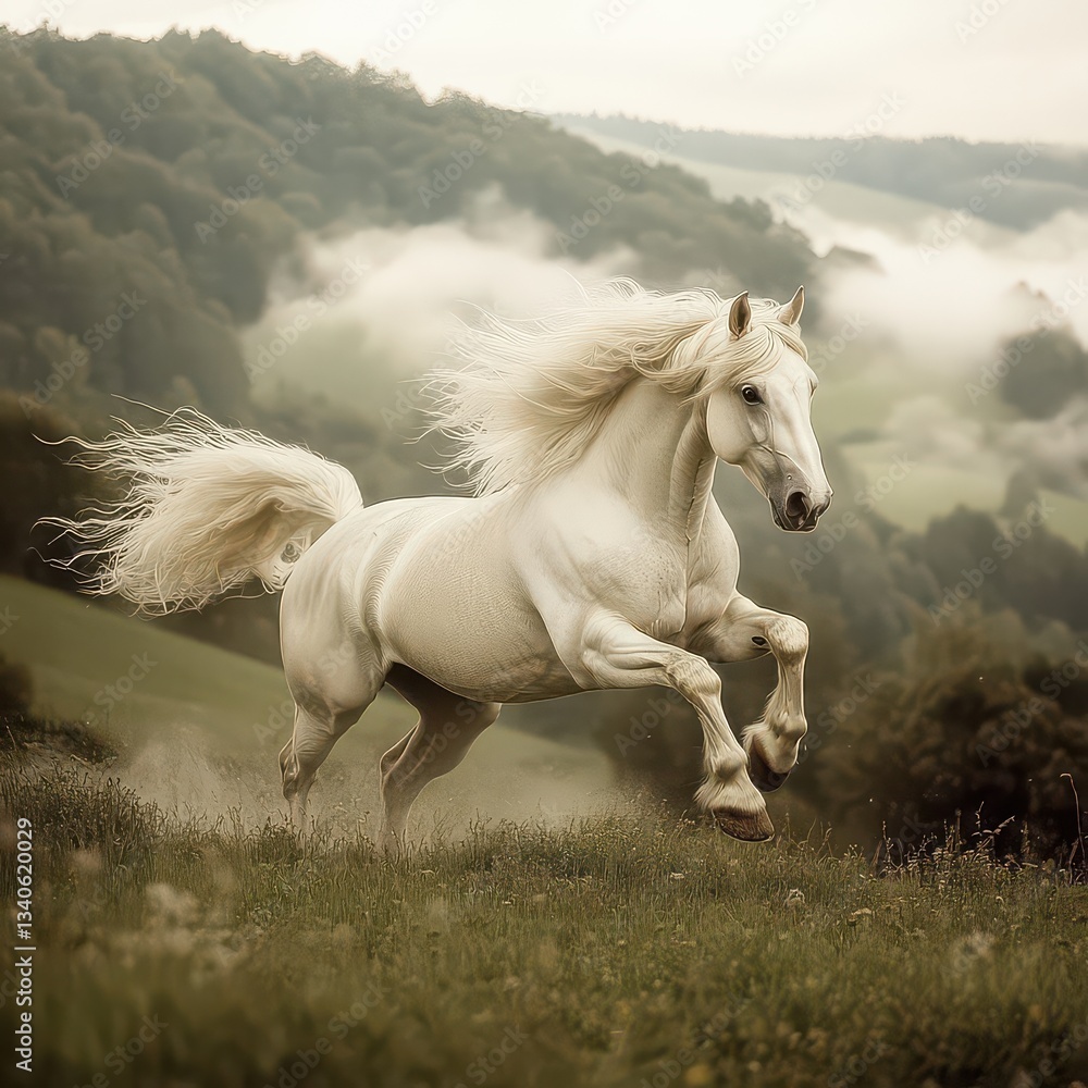 Obraz premium White Horse Galloping Freely Across Grassy Field with Misty Forest Backdrop