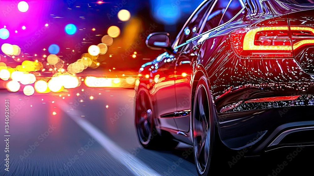 Naklejka premium Night Drive: Sleek Car on City Road