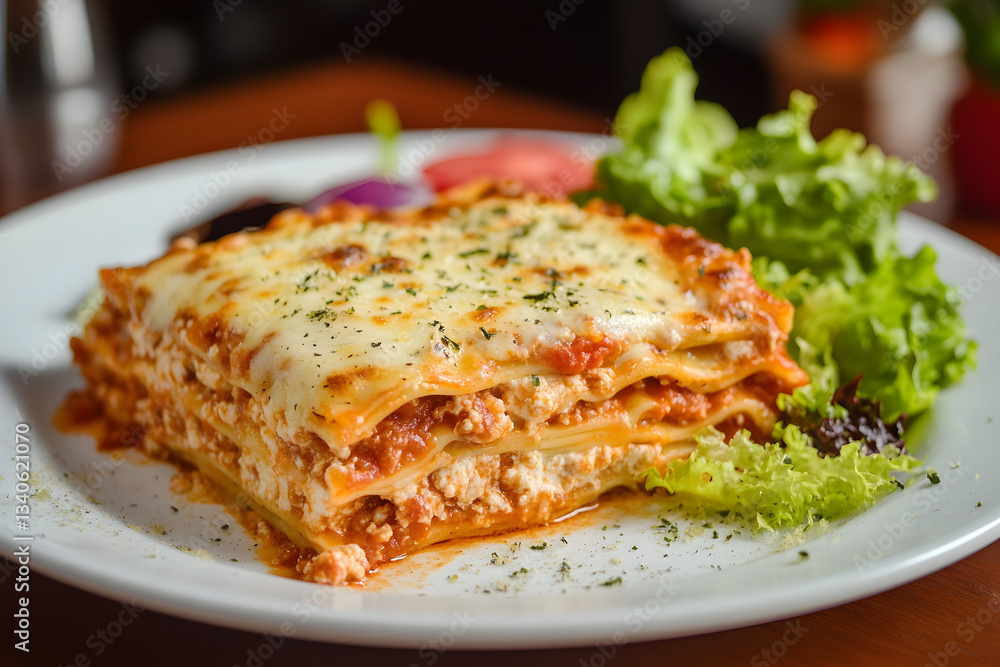 Lasagna and salad on plate Lasagna and salad on plate