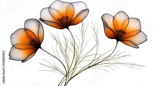 Ethereal Orange and White Poppies on White Background