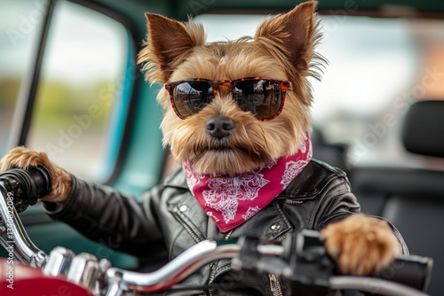 Wallpaper Mural A dog wearing a bandana and sunglasses, sitting on a custom Harley-Davidson bike, with its paws on the handlebars Torontodigital.ca