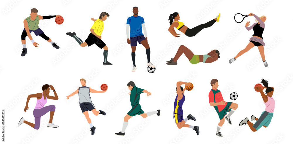 Collection of different men and women performing various sports activities, playing basketball, volleyball, tennis, soccer, football. Vector realistic illustrations isolated on transparent background. Collection of different men and women performing various sports activities, playing basketball, volleyball, tennis, soccer, football. Vector realistic illustrations isolated on transparent background.