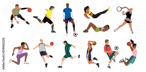 Collection of different men and women performing various sports activities, playing basketball, volleyball, tennis, soccer, football. Vector realistic illustrations isolated on transparent background.