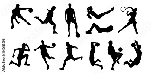 Silhouettes of different people in various sports. Black vector illustrations isolated on transparent background