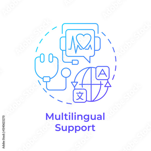 Multilingual support blue gradient concept icon. Availability in vary languages. Quality of medical service. Round shape line illustration. Abstract idea. Graphic design. Easy to use in presentation