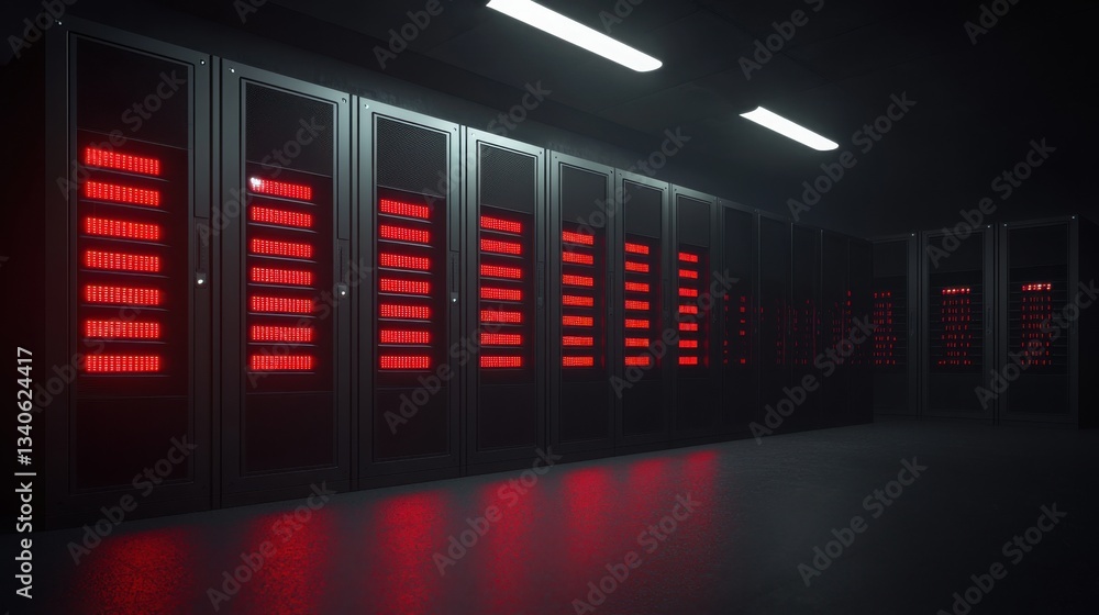 Server room bathed in red lights highlighting advanced ai-enhanced firewall technology and network security systems Server room bathed in red lights highlighting advanced ai-enhanced firewall technology and network security systems