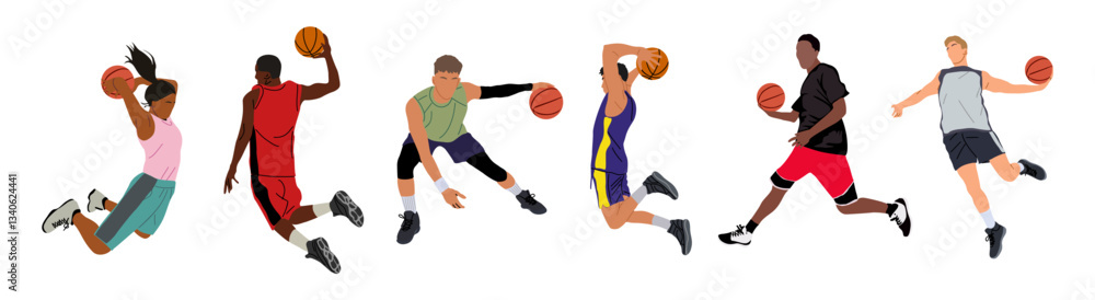 Set of male and female basketball players playing with ball, lead ball, defend and attack, game techniques and poses. People playing sport game. Vector illustration isolated on transparent background. Set of male and female basketball players playing with ball, lead ball, defend and attack, game techniques and poses. People playing sport game. Vector illustration isolated on transparent background.